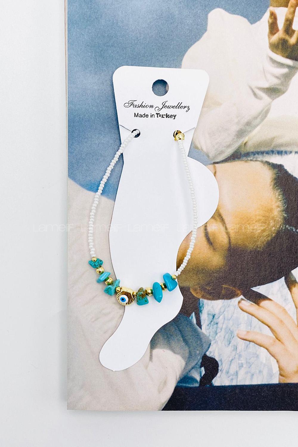 Lamelif Beyaz Boncuklu Turkuaz Doğal Taşlı Halhal