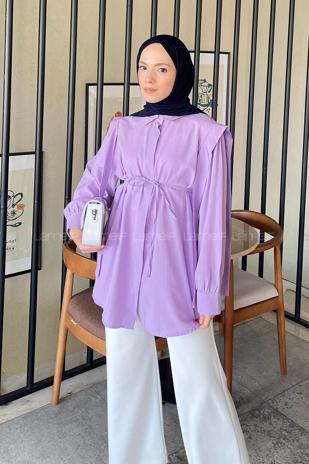 Lamelif Bel Bağlamalı Omuz Vatkalı Gömlek Lila