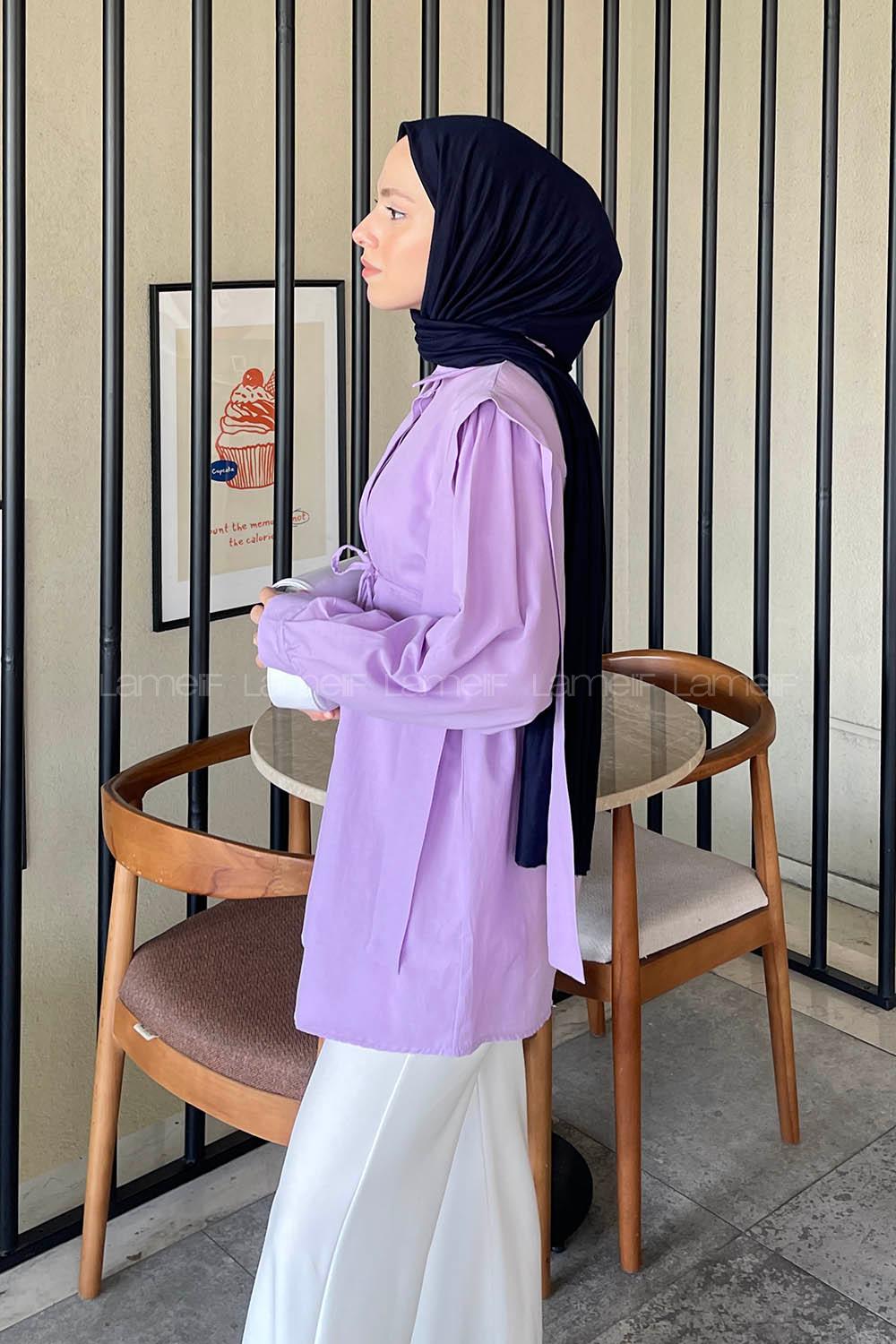 Lamelif Bel Bağlamalı Omuz Vatkalı Gömlek Lila