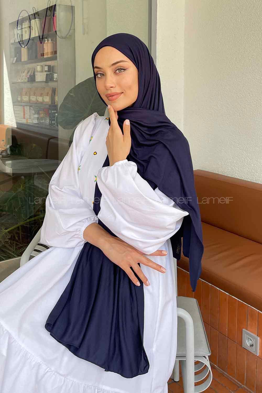 Navy Blue Cotton Fabric Flowering Shawl