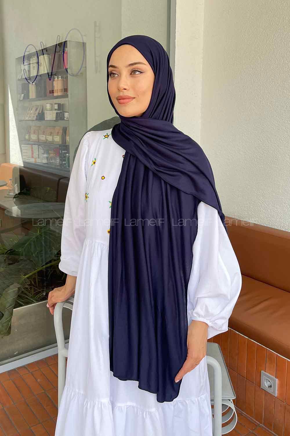 Navy Blue Cotton Fabric Flowering Shawl