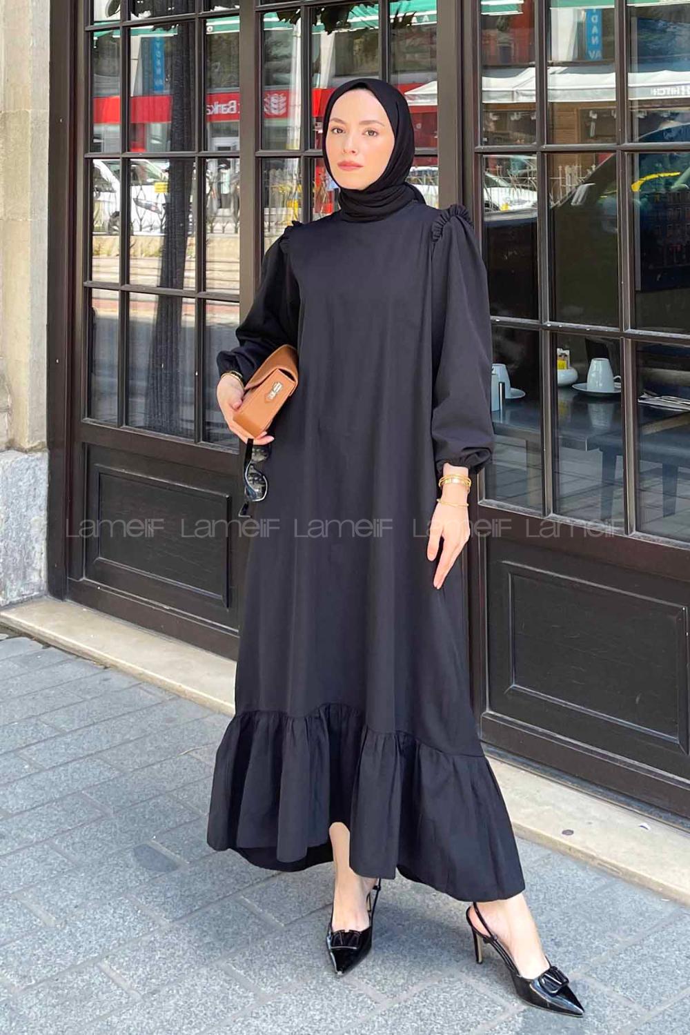 Lamelif Omuz Fırfır Detaylı Tesettür Elbise Siyah