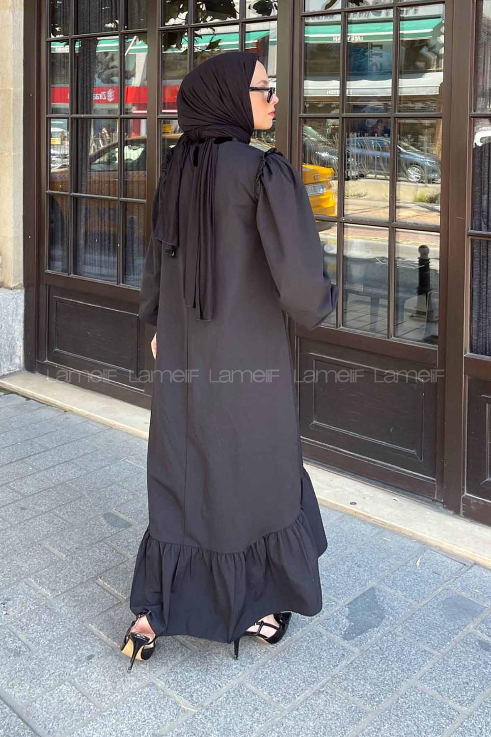 Lamelif Omuz Fırfır Detaylı Tesettür Elbise Siyah