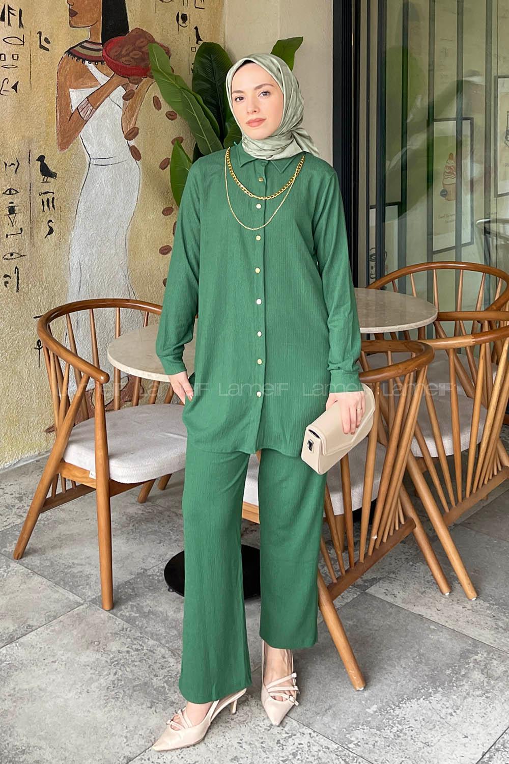 Lamelif Kolyeli Bürümcük Tesettür Takım Yeşil