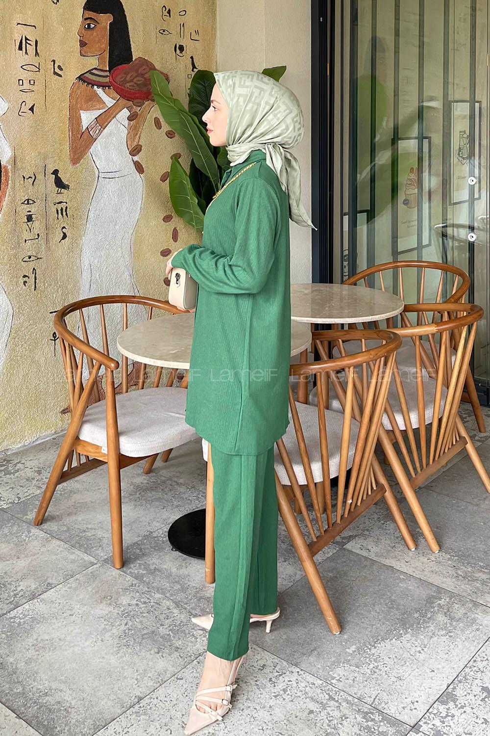 Lamelif Kolyeli Bürümcük Tesettür Takım Yeşil