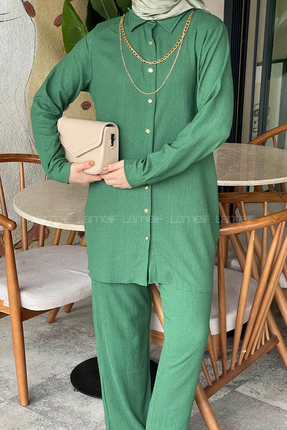 Lamelif Kolyeli Bürümcük Tesettür Takım Yeşil