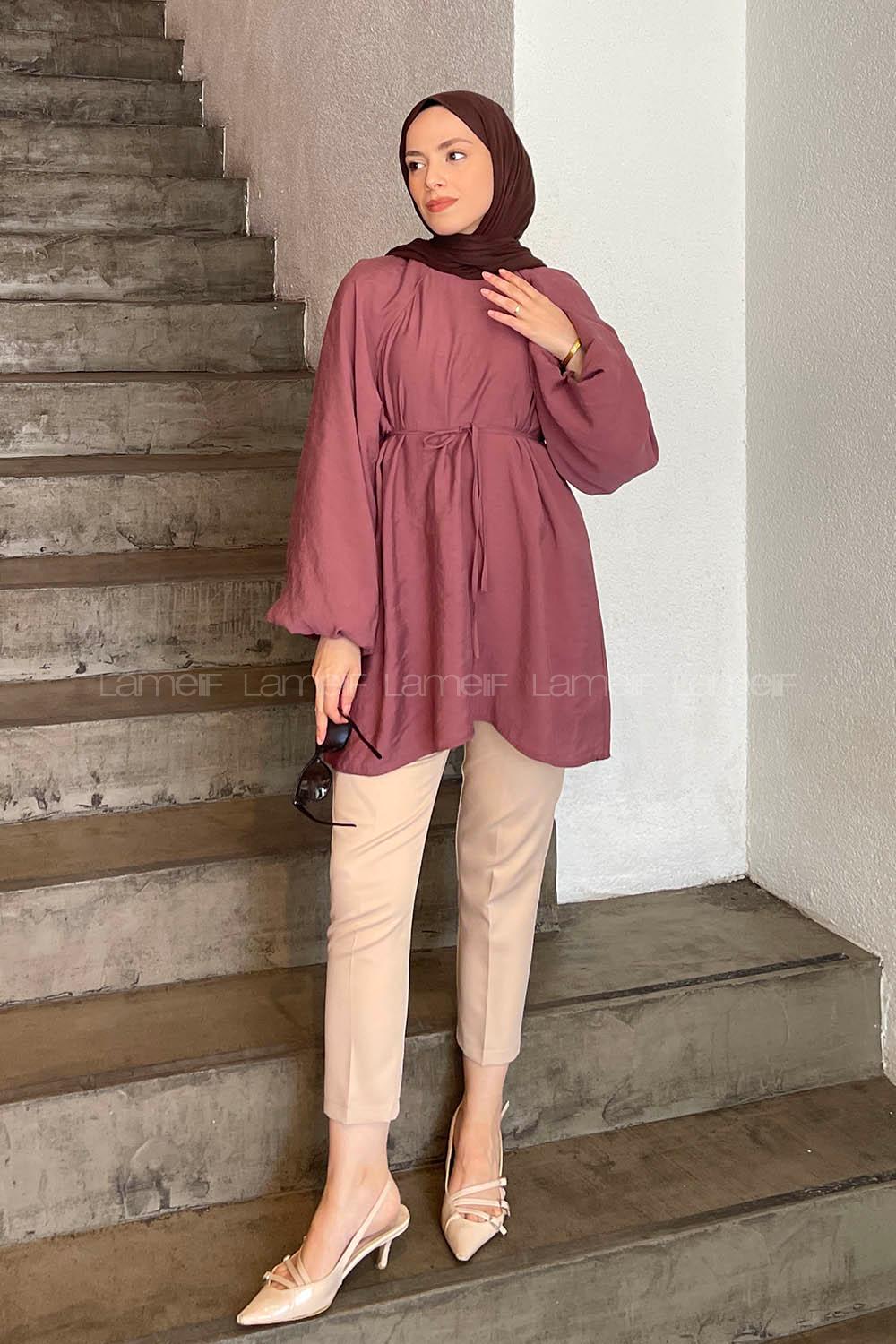 Lamelif Kuşak Bağlamalı Tunik Gül Rengi
