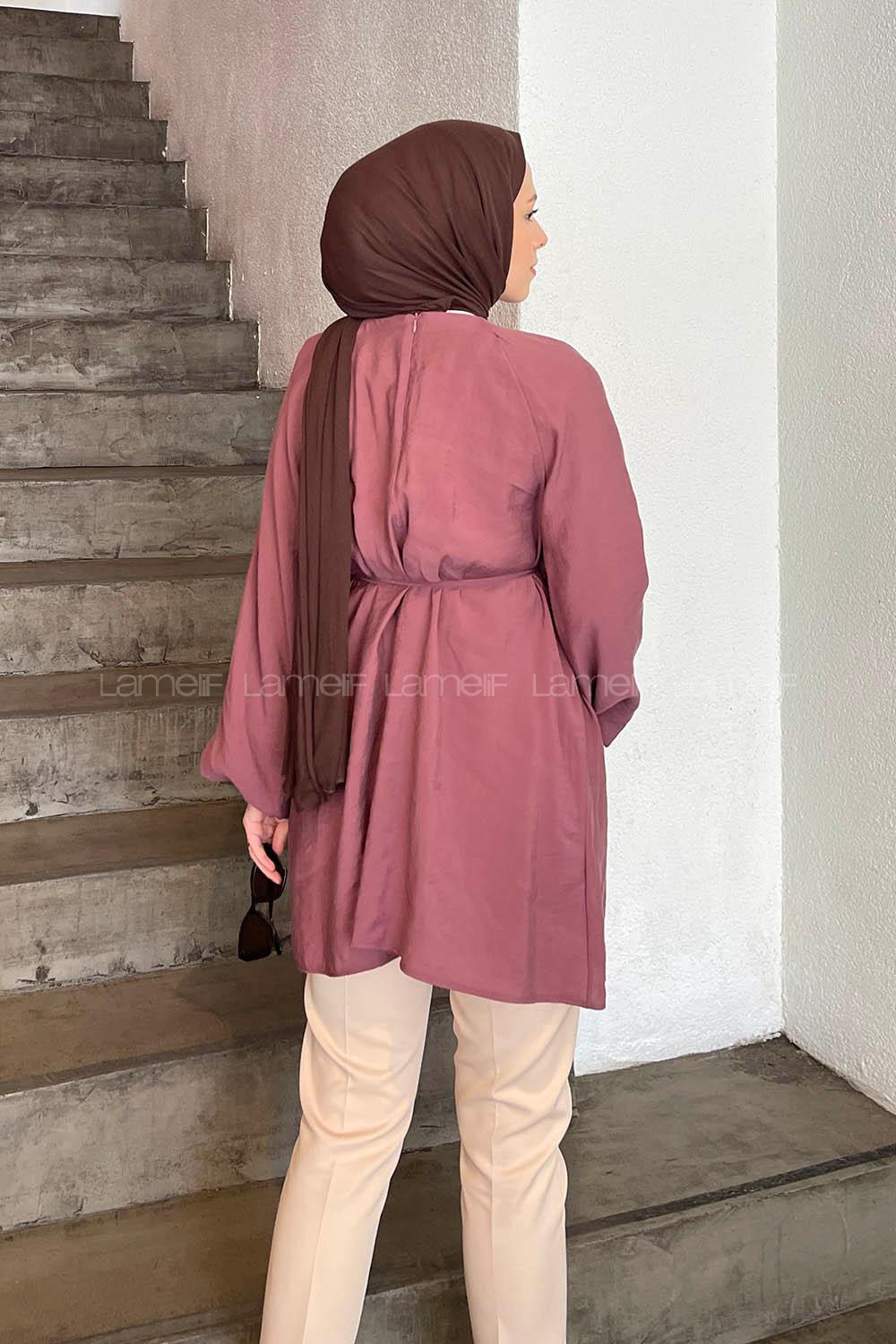 Lamelif Kuşak Bağlamalı Tunik Gül Rengi
