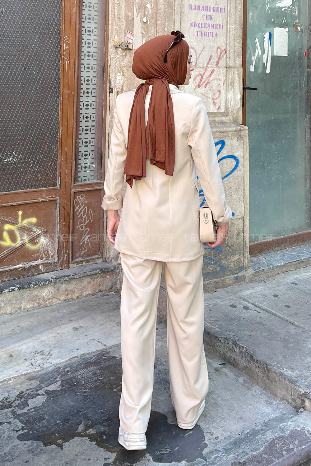 Lamelif Bağlama Detaylı Ceket Takım Taş Rengi