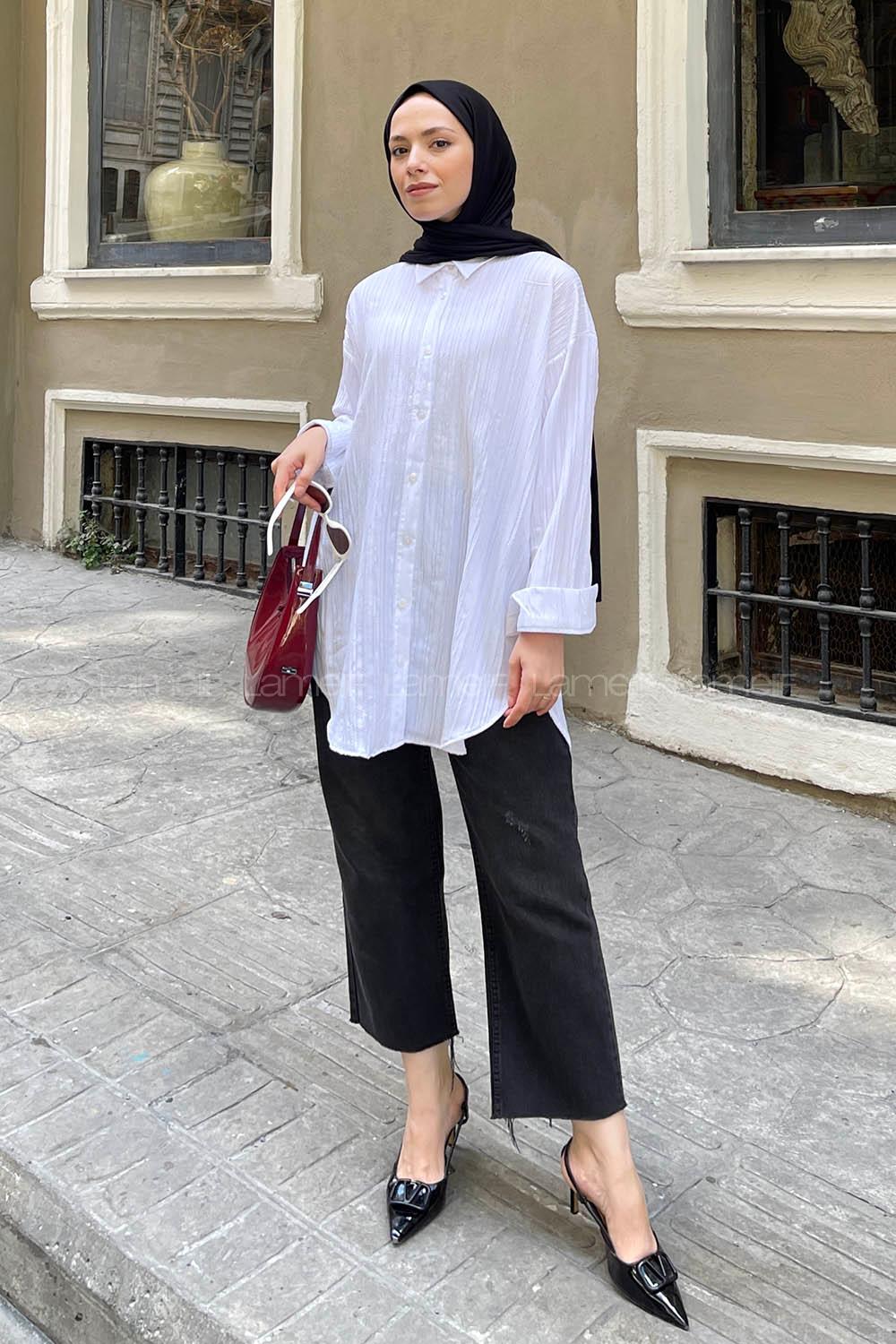 Lamelif Ovesize Gofre Gömlek Beyaz