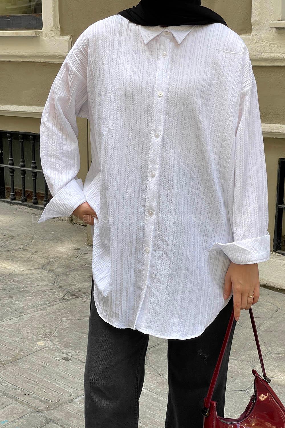 Lamelif Ovesize Gofre Gömlek Beyaz