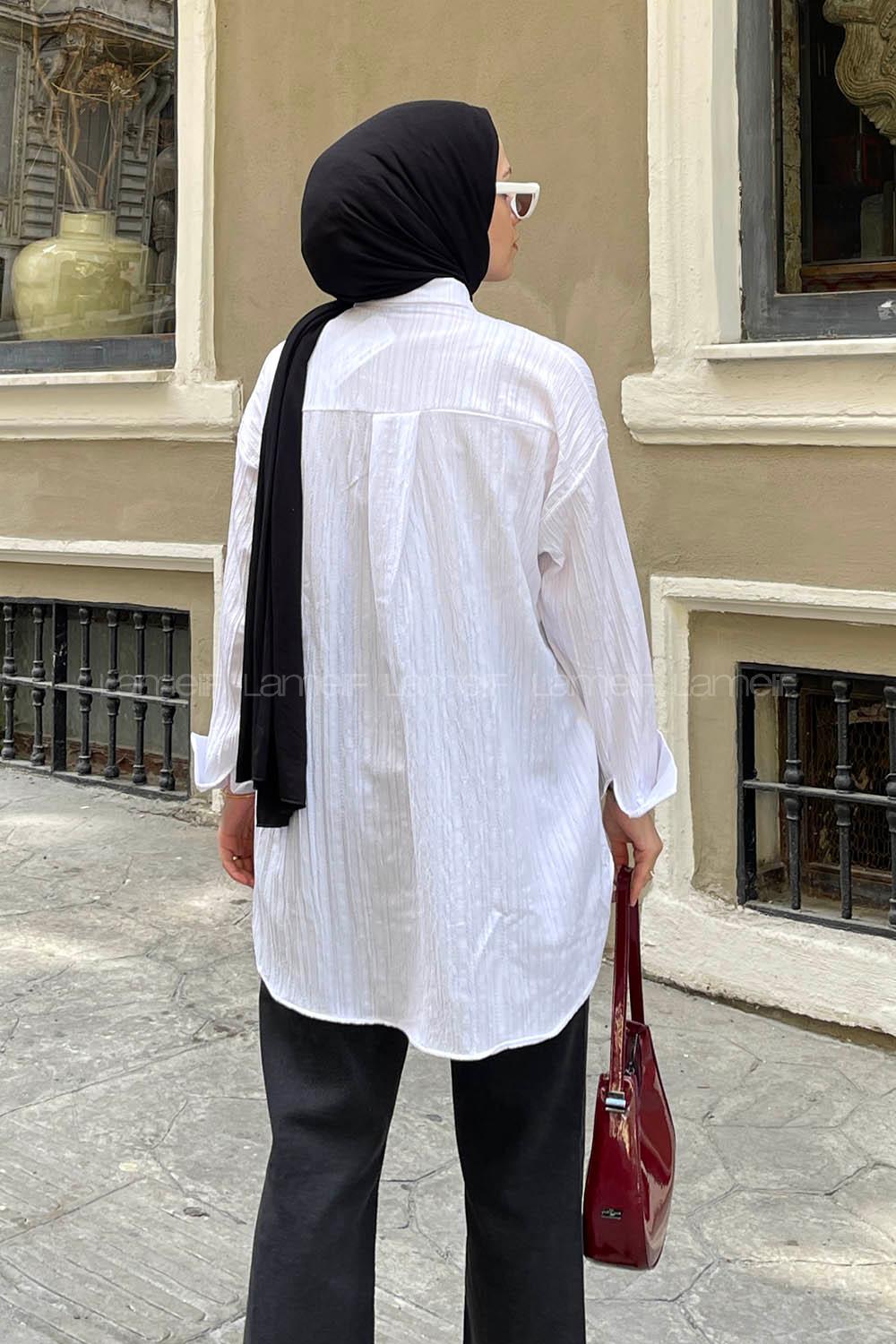 Lamelif Ovesize Gofre Gömlek Beyaz