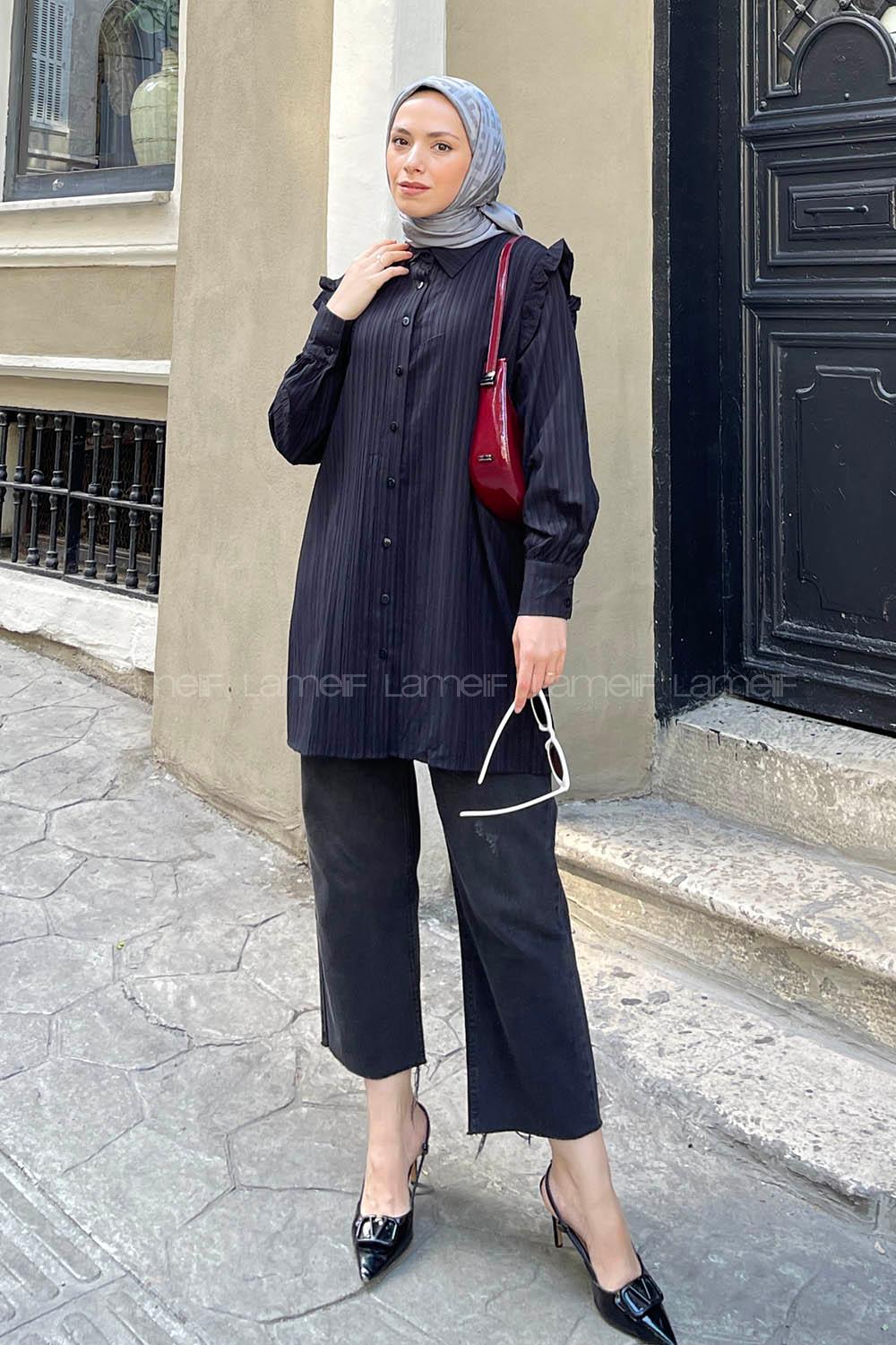 Black Shirt Collar Long Arm Cotton Unprinted Shirt