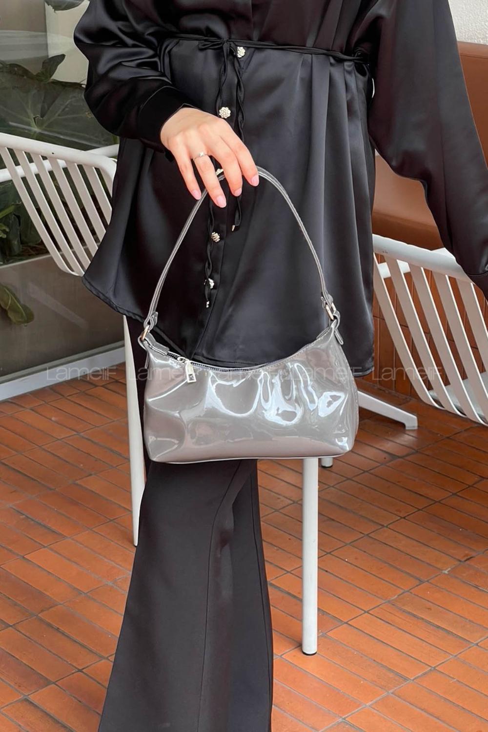 Lamelif Rugan Baget Model Kadın El ve Omuz Çantası Antrasit