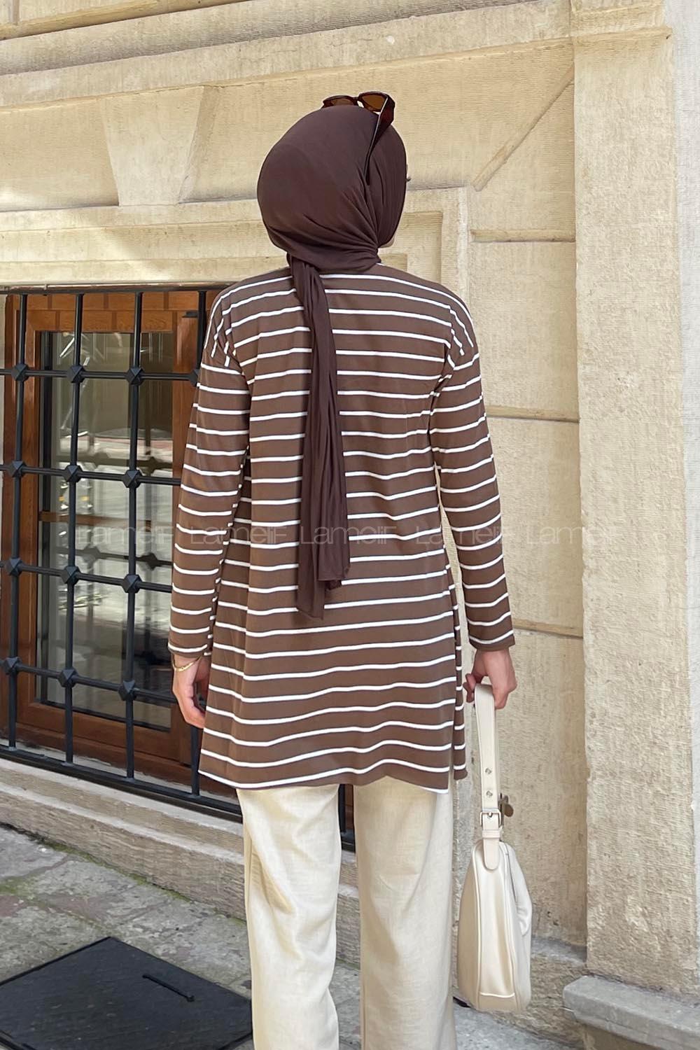 Lamelif Çizgili Uzun Kol Tunik Acı Kahve