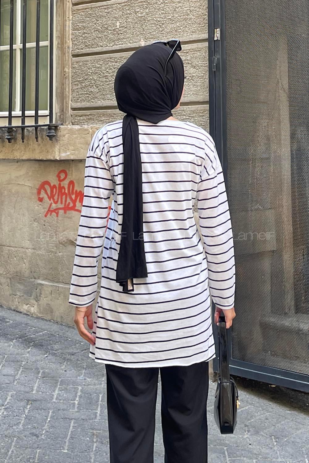 Lamelif Çizgili Uzun Kol Tunik Beyaz-Siyah