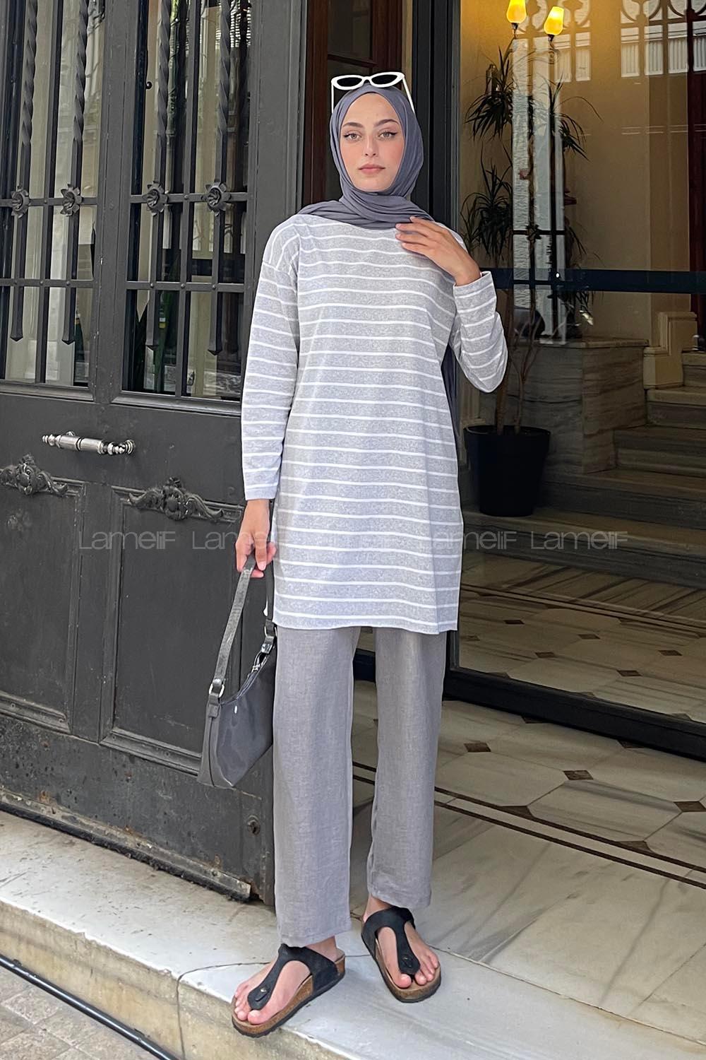 Lamelif Çizgili Uzun Kol Tunik Gri