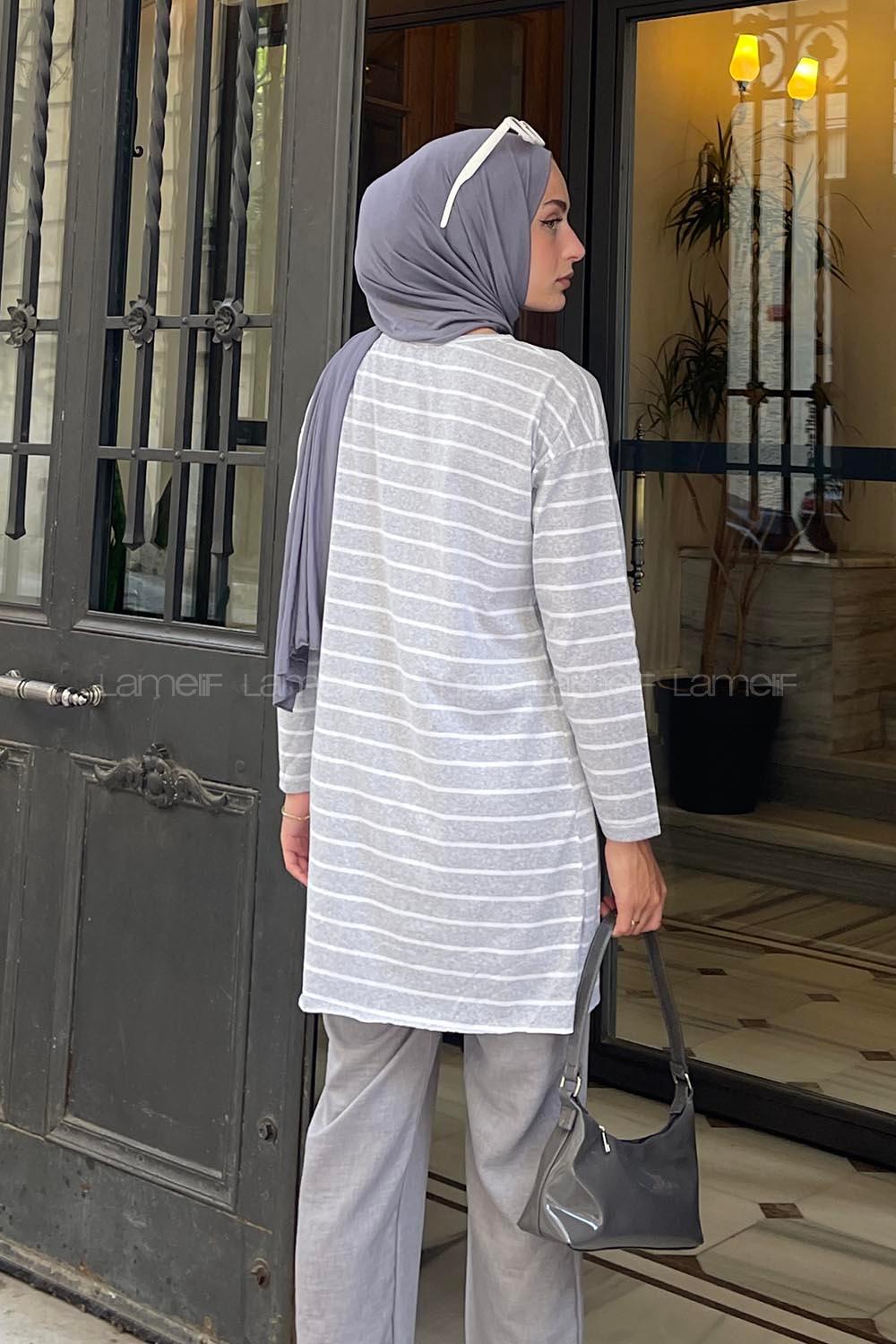 Lamelif Çizgili Uzun Kol Tunik Gri
