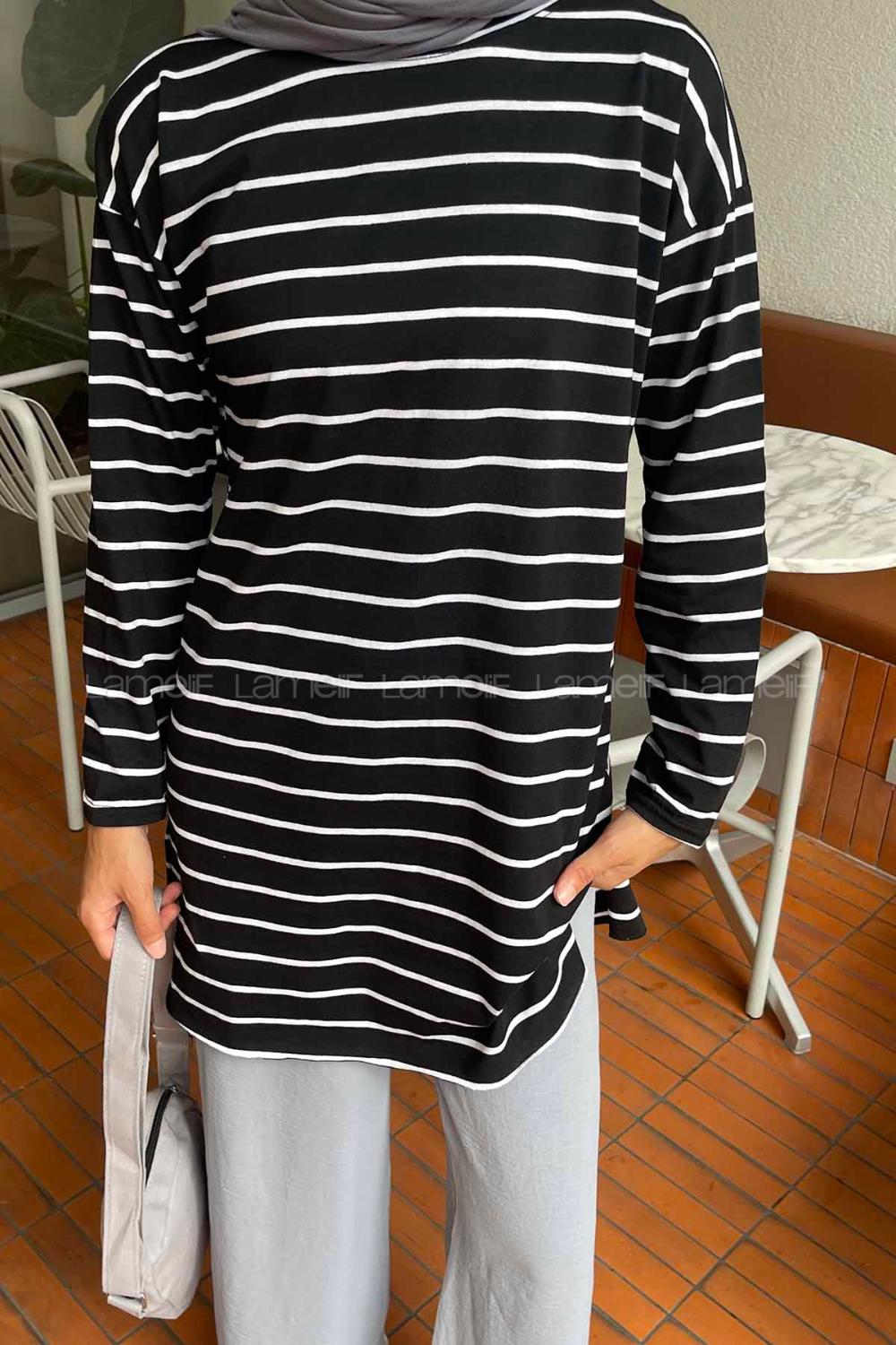 Lamelif Çizgili Uzun Kol Tunik Siyah