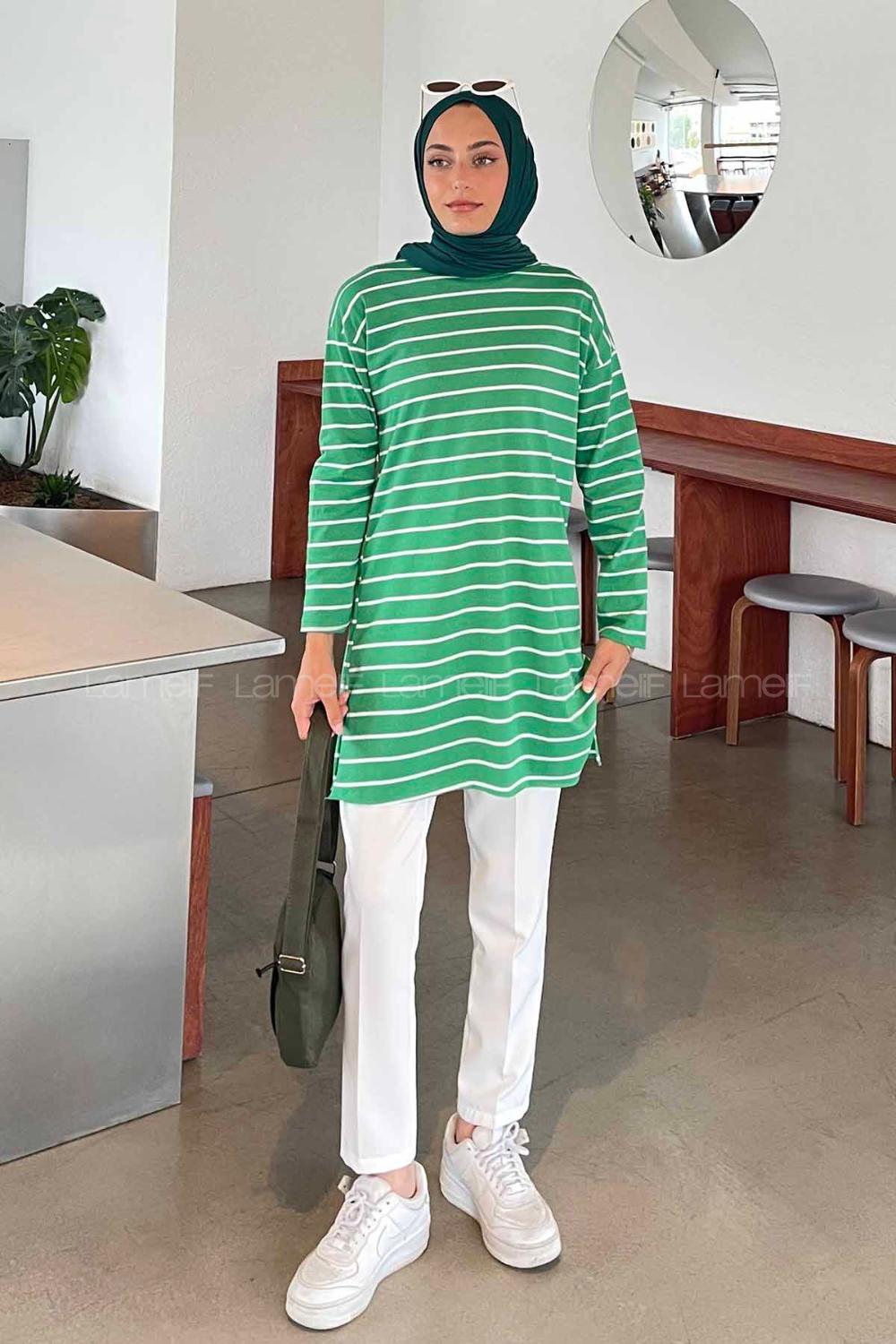 Lamelif Çizgili Uzun Kol Tunik Yeşil