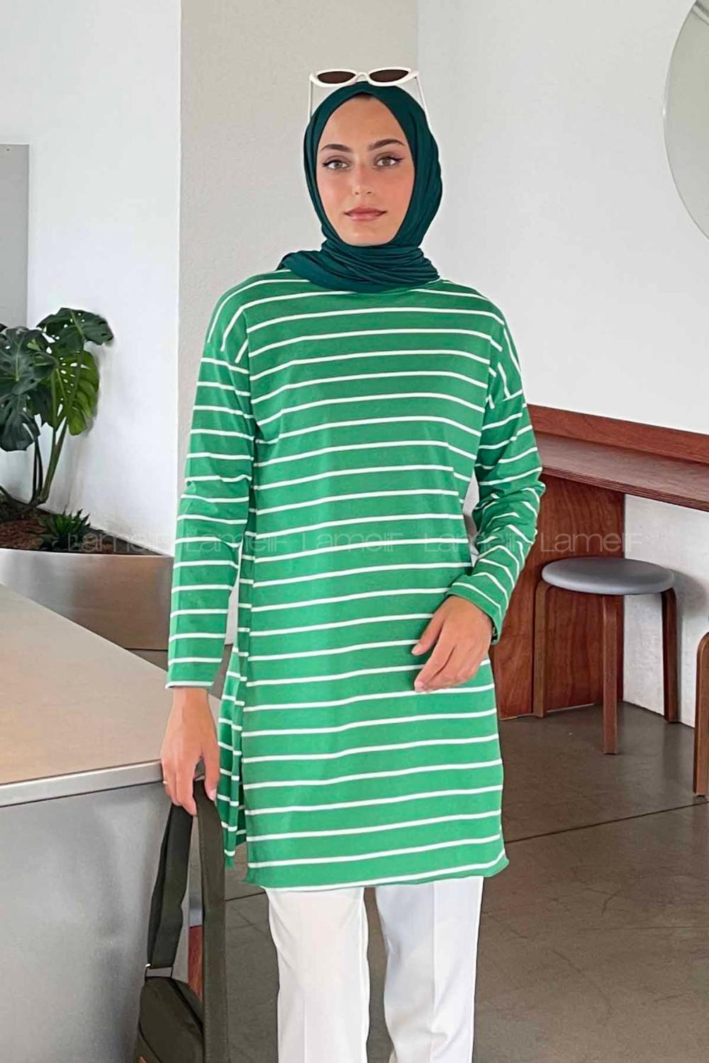 Lamelif Çizgili Uzun Kol Tunik Yeşil