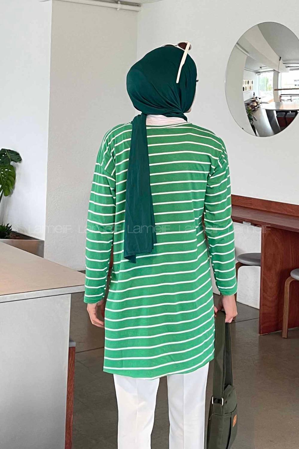 Lamelif Çizgili Uzun Kol Tunik Yeşil