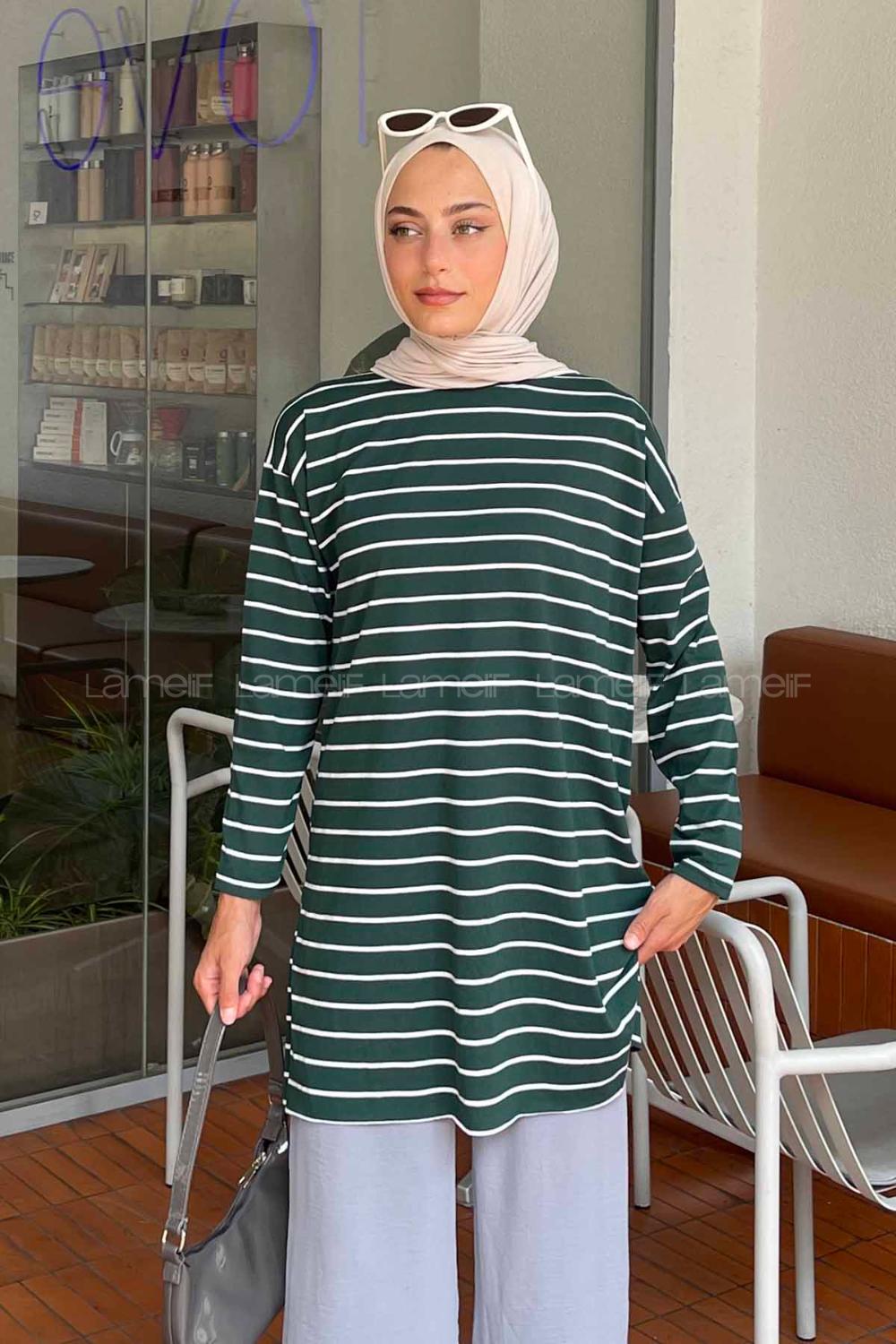 Lamelif Çizgili Uzun Kol Tunik Zümrüt Yeşili