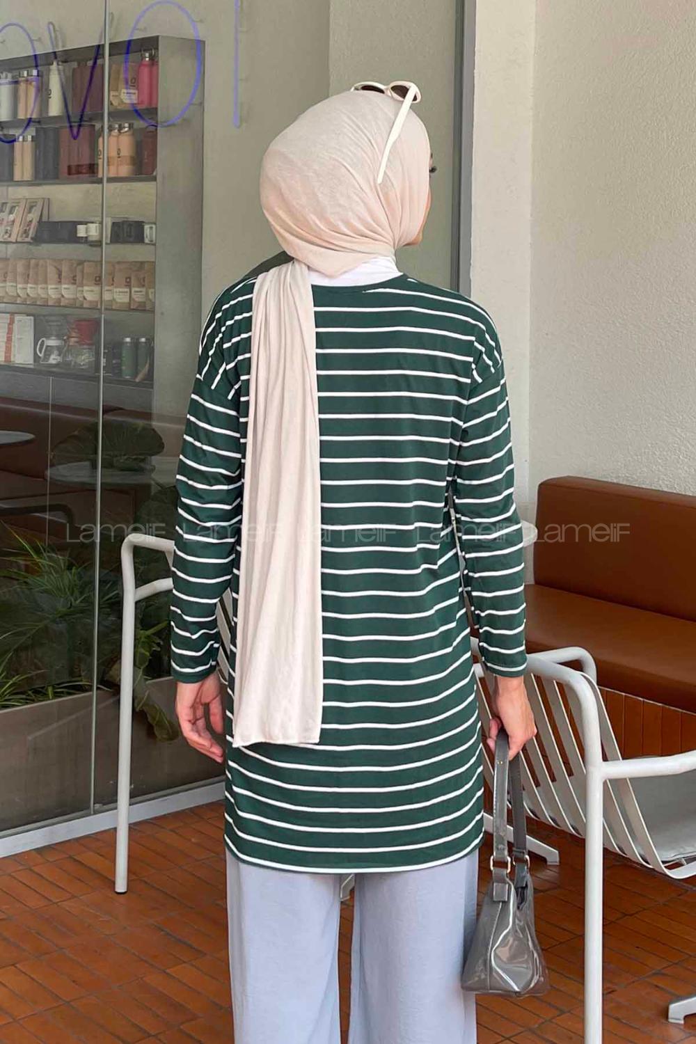 Lamelif Çizgili Uzun Kol Tunik Zümrüt Yeşili