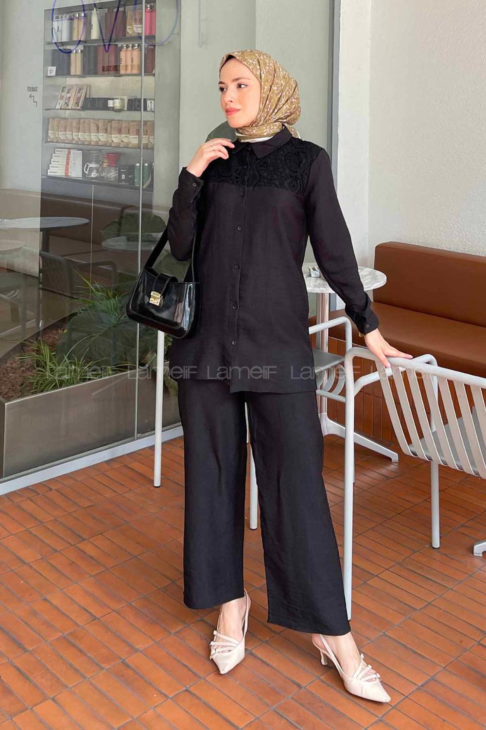 Black Shirt Collar Long Arm Poplin Fabric Regular Trousers Comfortable Suit