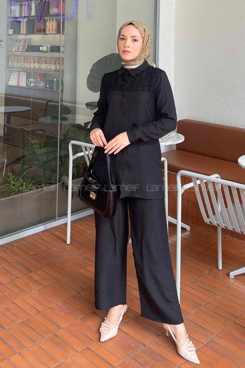 Black Shirt Collar Long Arm Poplin Fabric Regular Trousers Comfortable Suit
