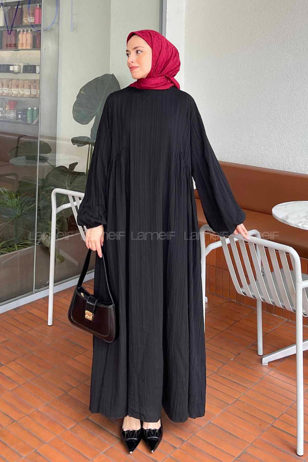 Lamelif Uzun Gofre Elbise Siyah