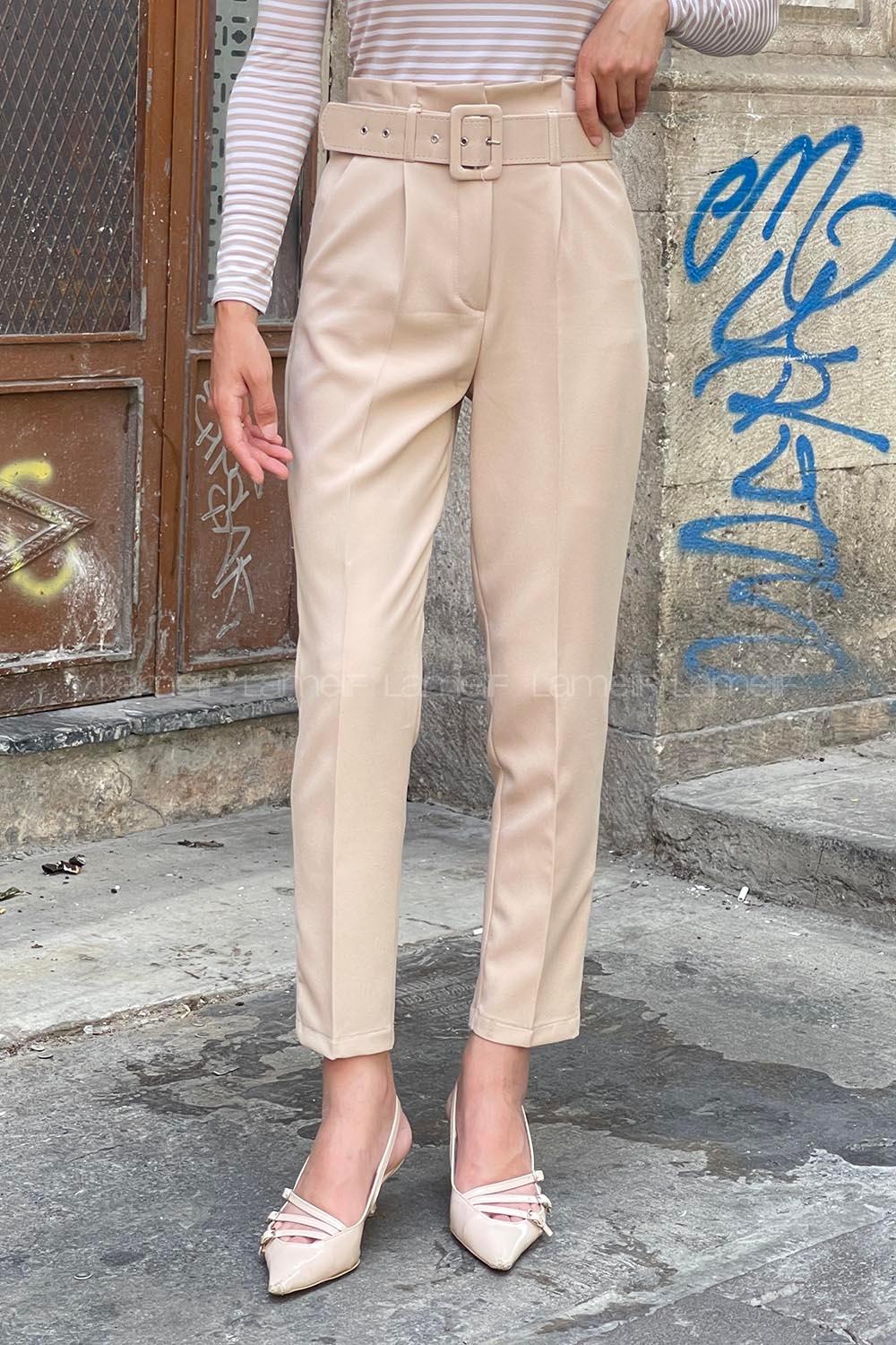 Beige Cotton Fabric High Waist Comfortable Pants