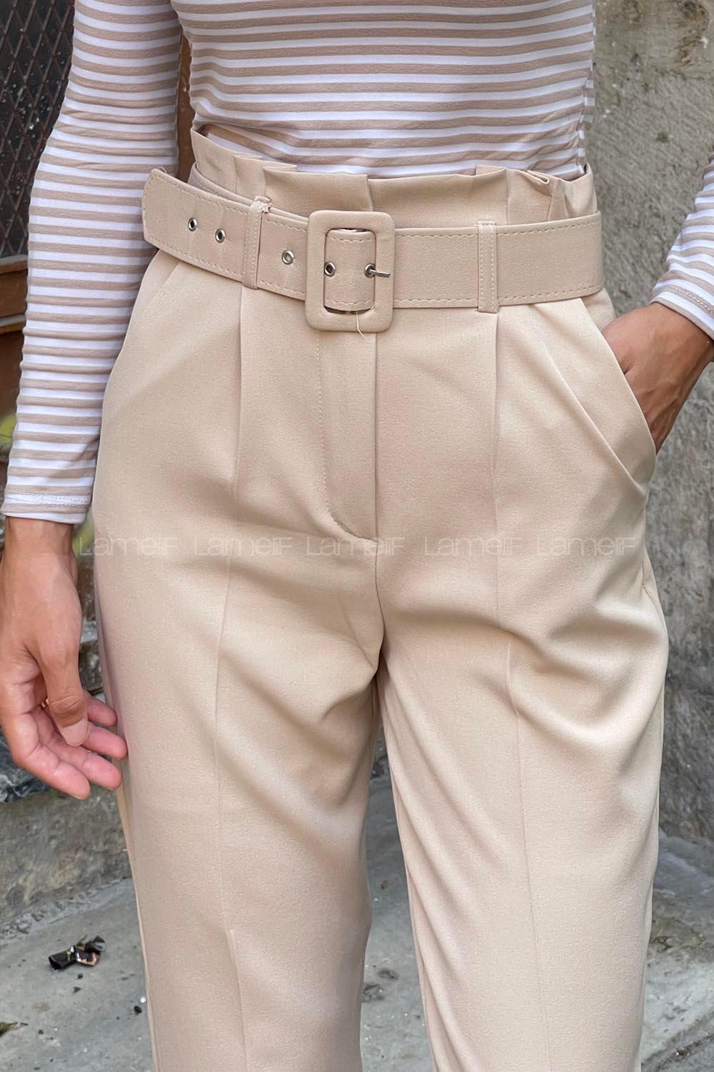 Beige Cotton Fabric High Waist Comfortable Pants