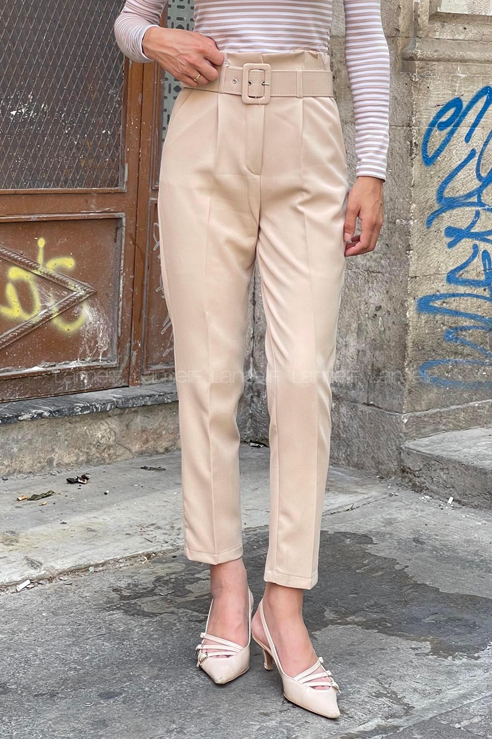 Beige Cotton Fabric High Waist Comfortable Pants