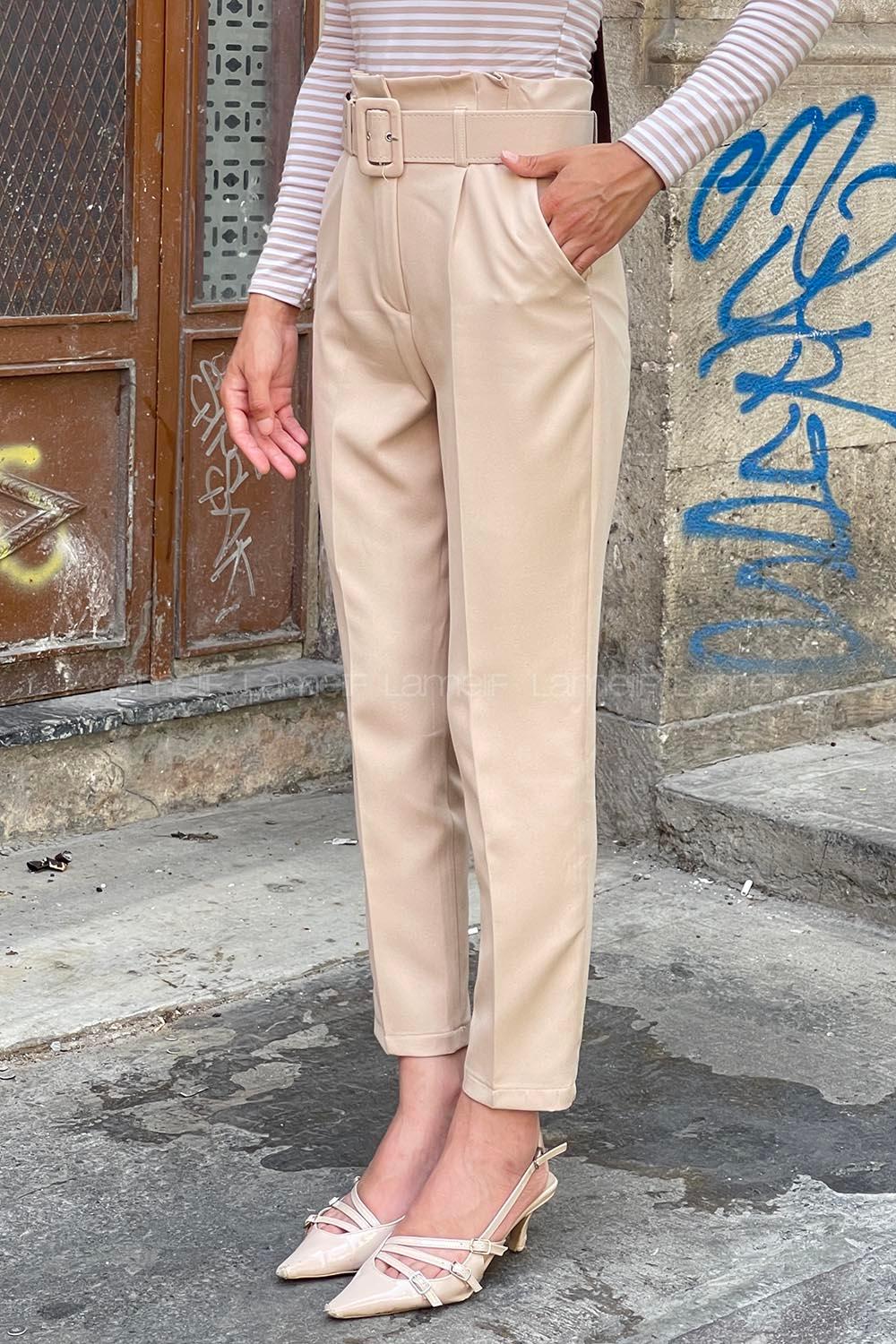 Beige Cotton Fabric High Waist Comfortable Pants
