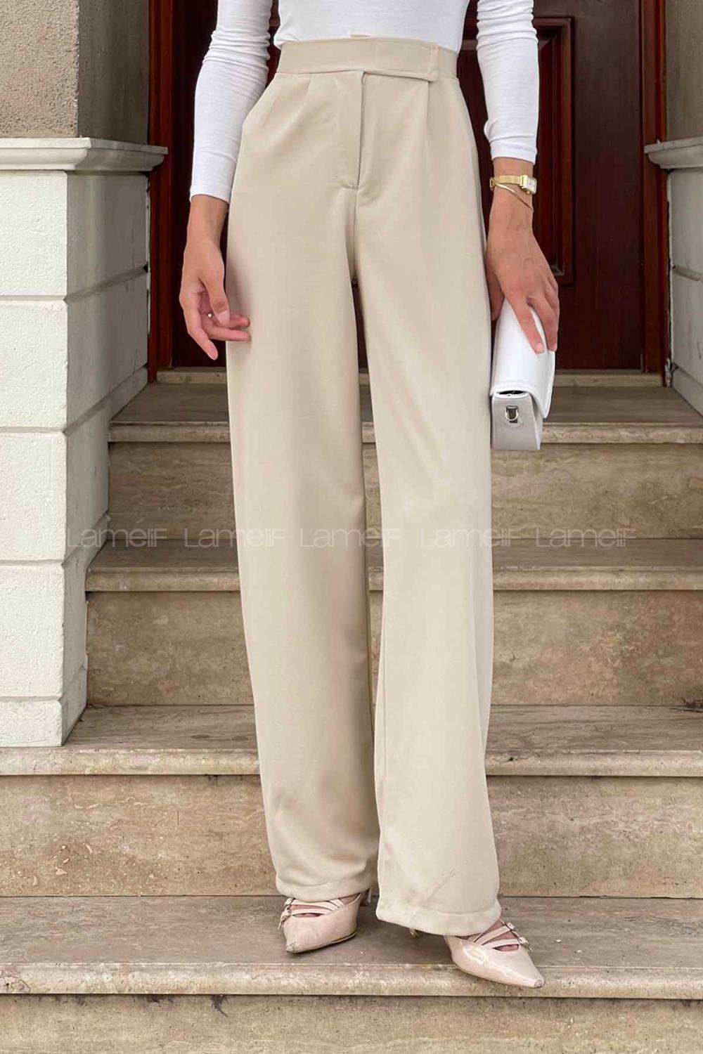 Lamelif Beli Cırt Cırtlı Palazzo Model Pantolon Bej