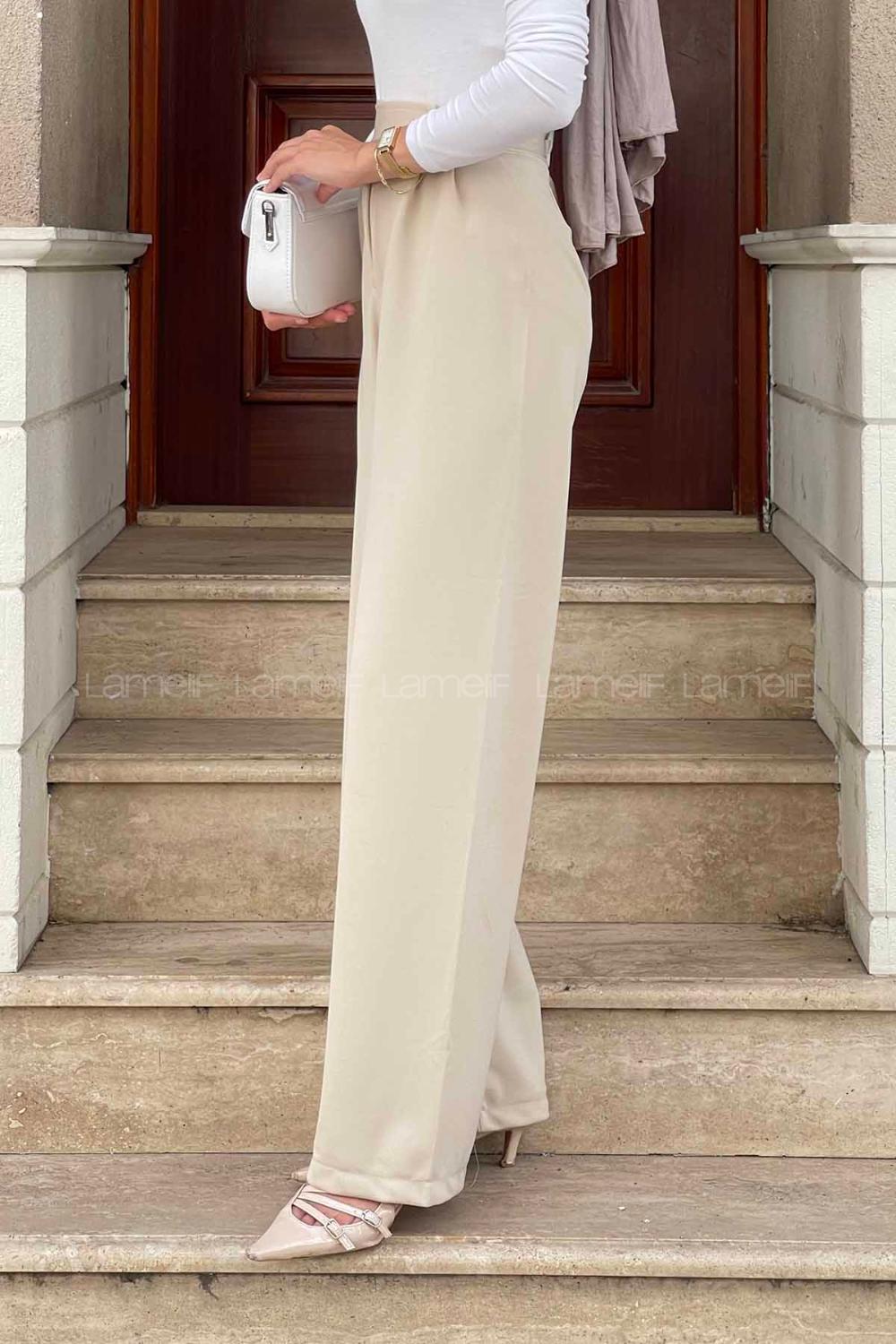 Lamelif Beli Cırt Cırtlı Palazzo Model Pantolon Bej