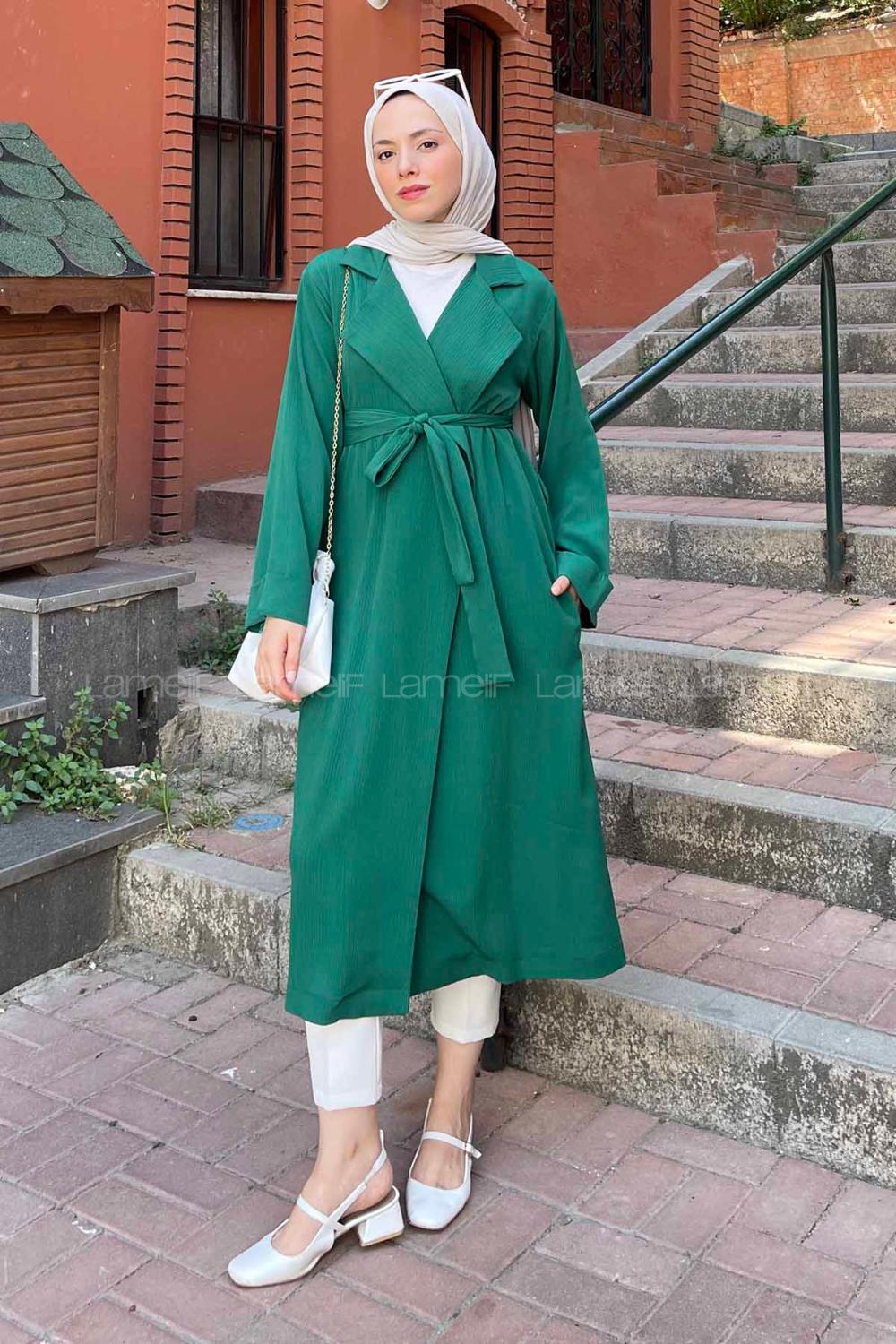 Lamelif Duble Kol Kraşlı Kimono Zümrüt