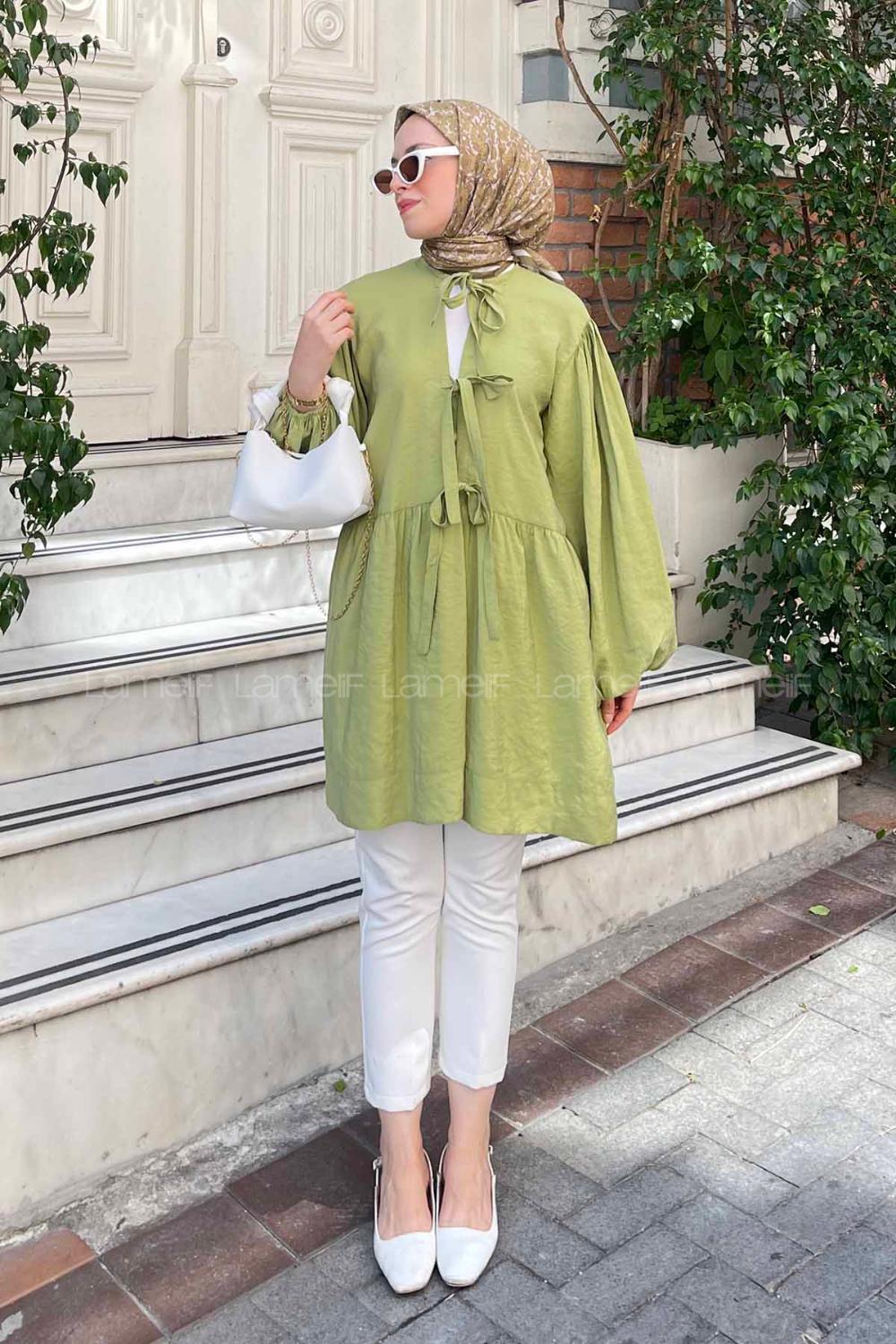 Lamelif Ön Bağlama Detaylı Tunik Yağ Yeşili