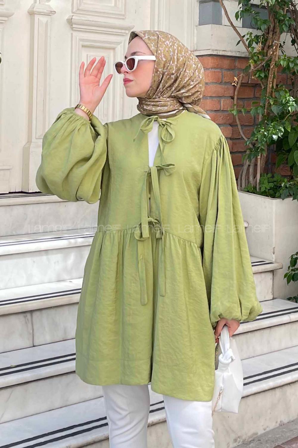 Lamelif Ön Bağlama Detaylı Tunik Yağ Yeşili
