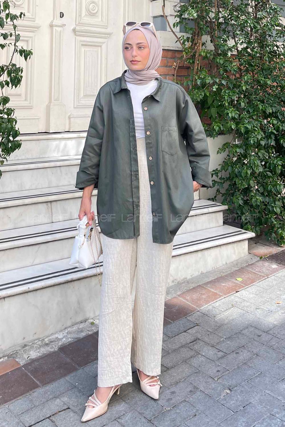 Lamelif Tek Cep Detaylı Gabardin Gömlek Haki