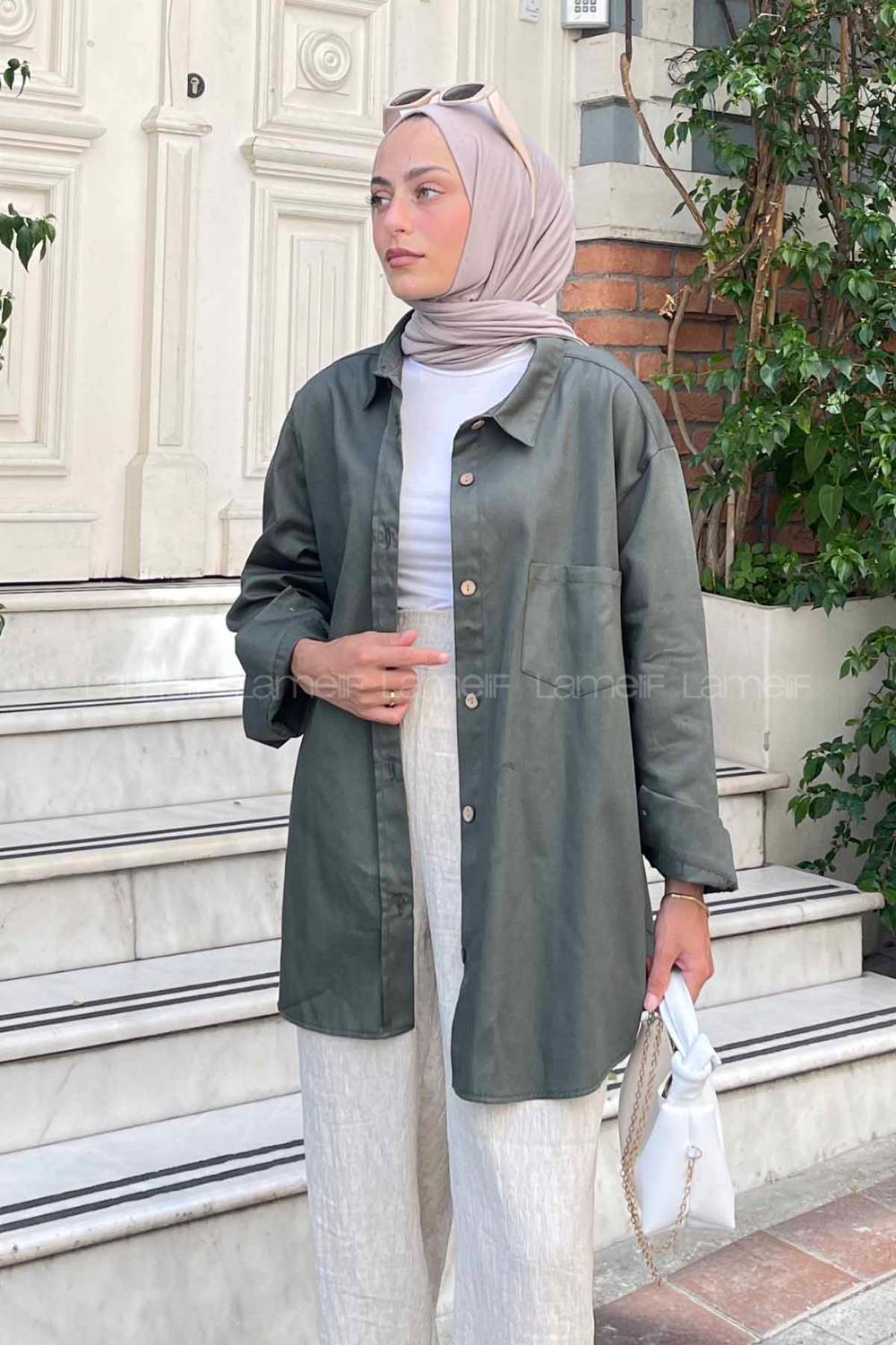 Lamelif Tek Cep Detaylı Gabardin Gömlek Haki