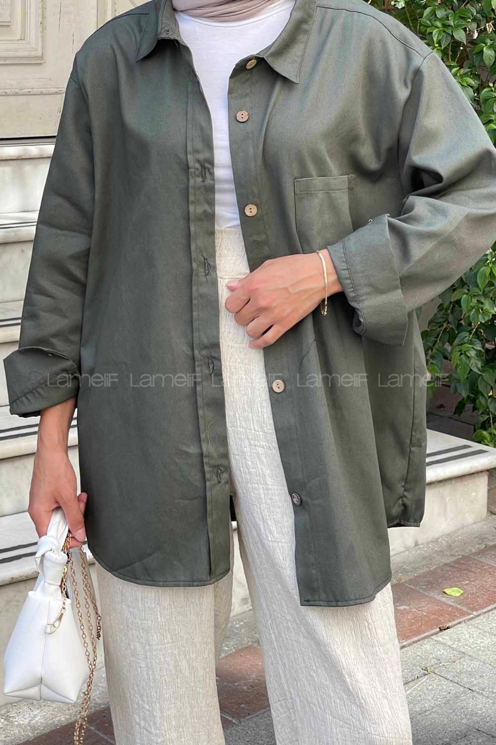 Lamelif Tek Cep Detaylı Gabardin Gömlek Haki