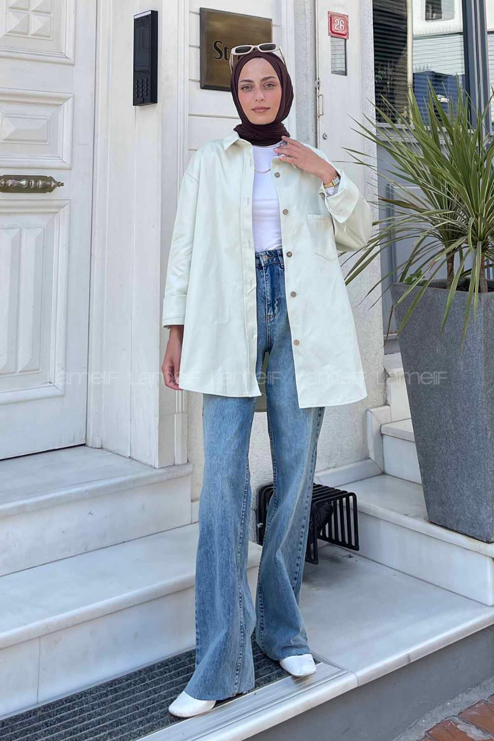 Lamelif Tek Cep Detaylı Gabardin Gömlek Su Yeşili