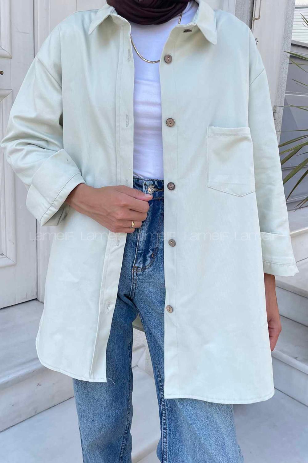 Lamelif Tek Cep Detaylı Gabardin Gömlek Su Yeşili