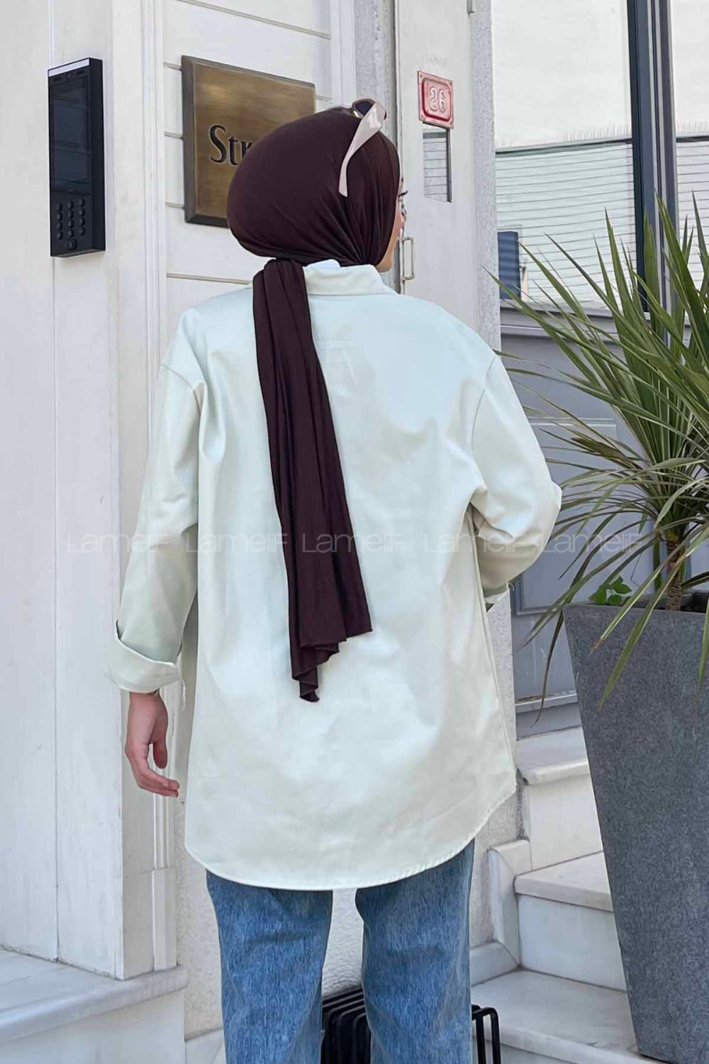 Lamelif Tek Cep Detaylı Gabardin Gömlek Su Yeşili