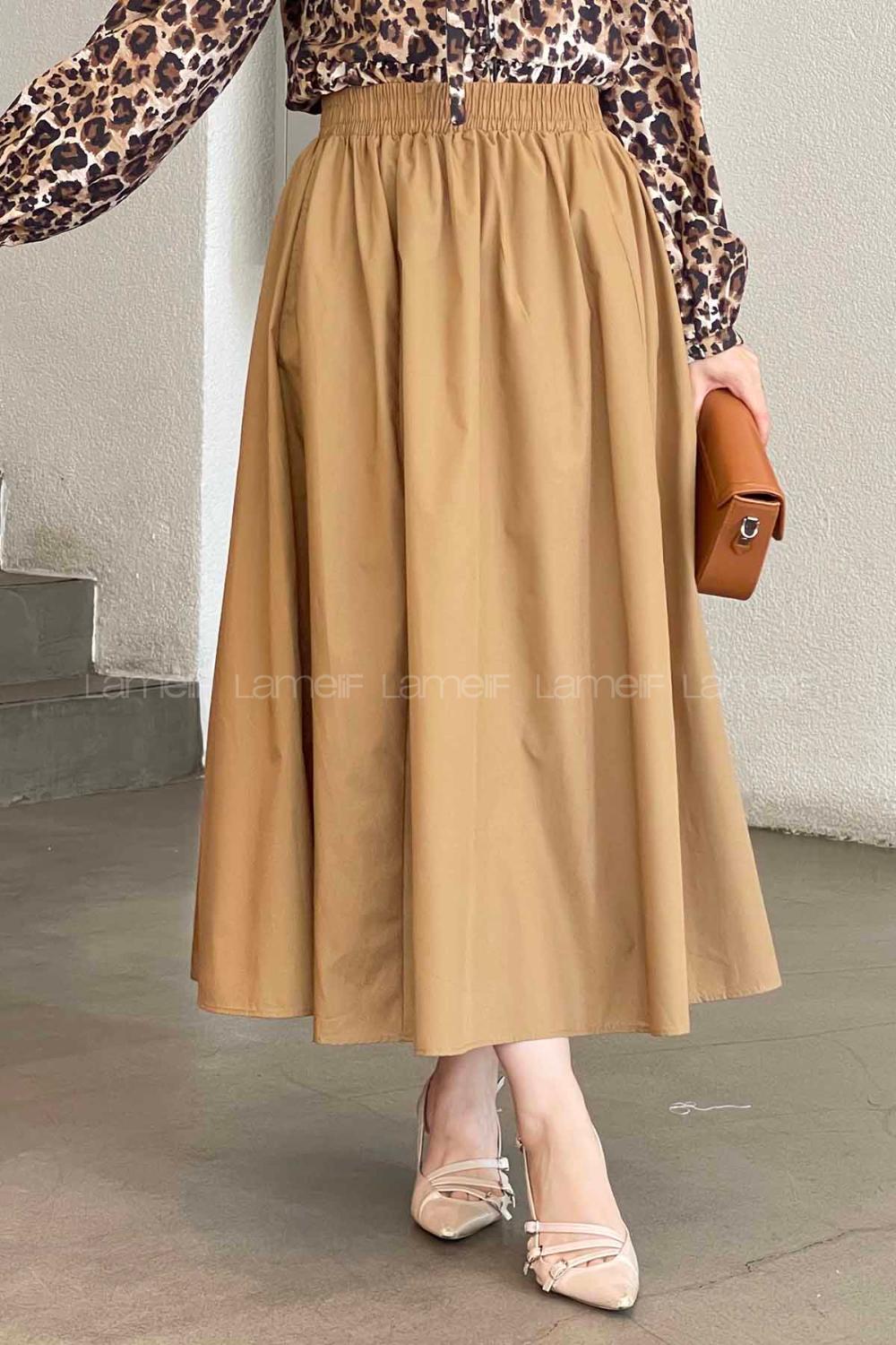 Lamelif Cep Detaylı Kloş Etek Camel