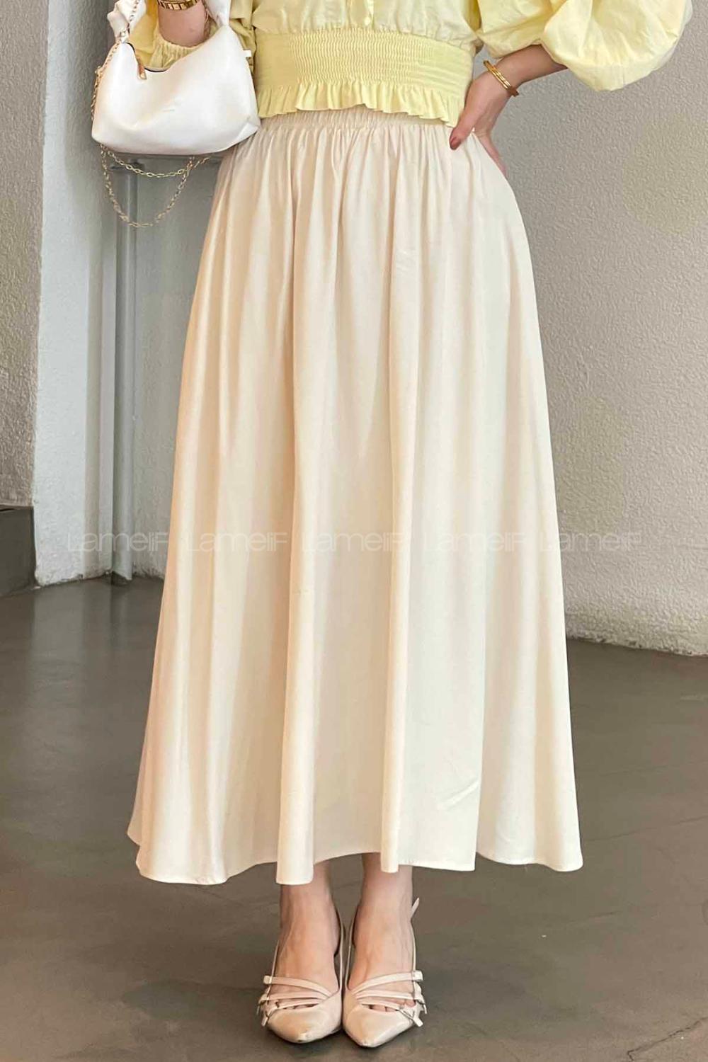 Lamelif Cep Detaylı Tensel Kloş Etek Krem