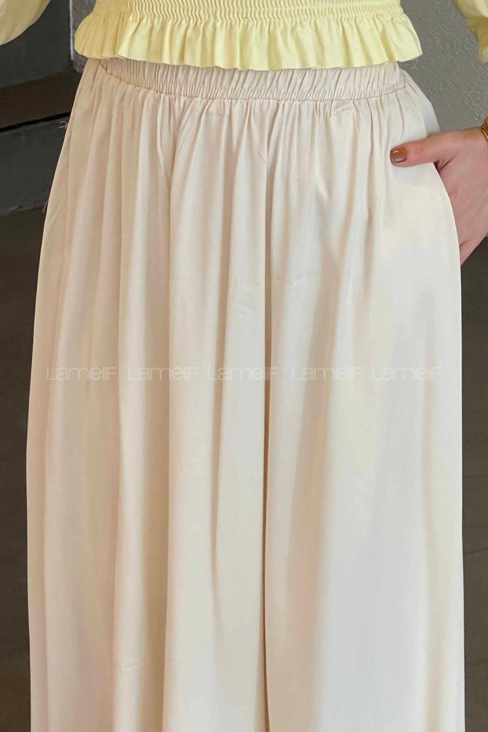 Lamelif Cep Detaylı Tensel Kloş Etek Krem