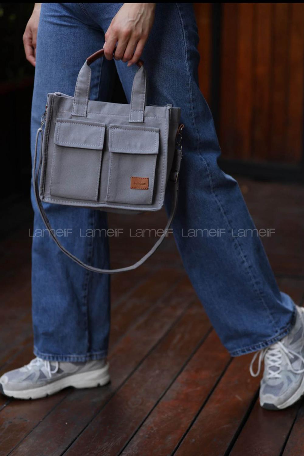 Lamelif Cepli Mini Kanvas Kadın Çapraz Çanta Gri